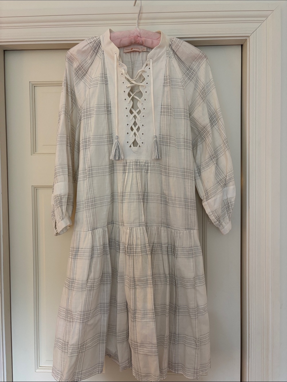 Tory Burch White Plaid Lace-Up Tiered Dress